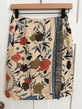Liz Claiborne Petite 6 100% Linen Wrap Skirt Floral Print Beige Cottagecore Boho